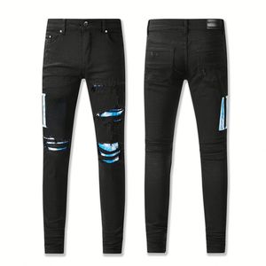 Jean droit pour homme style punk en denim délavé foncé, respirant, en coton/élasthanne, avec motif imprimé métallisé, taille mi-haute et fermeture boutonnée - Product Image 5