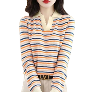 เสื้อเชิ้ตแขนยาวลายทางสไตล์วินเทจสำหรับฤดูร้อนใหม่สำหรับผู้หญิง ขายดี ผ้าสแปนเด็กซ์/โพลีเอสเตอร์ สวมใส่สบาย ระบายอากาศได้ดี - Product Image 1