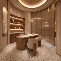 Meuble de présentation sur mesure pour bijouterie en bois naturel, éclairage LED moderne et luxueux, solution écologique pour l'aménagement complet de la boutique