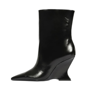 Bottes compensées sculptées à découpes, à bout pointu, montantes à la cheville, à talon haut, style architectural pour femmes, vente en gros OEM ODM - Product Image 5
