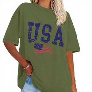 T-shirt décontracté en coton pour femme, col rond, manches courtes, coupe ample, imprimé drapeau américain vert olive, toutes saisons - Product Image 1
