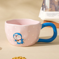 Mug en céramique Doraemon avec grande poignée, tasse à café irrégulière à pois, tasse à lait mignonne de dessin animé pour le petit-déjeuner