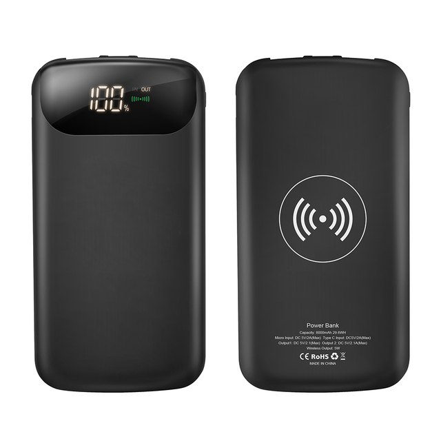 New Trend 10000mAh Portable Wireless Power Bank for Phone Digital Display Customizable Light Logo ABS Li-Polymer Battery Type-C
