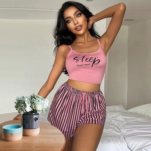 Setelan piyama Suspender wanita, celana pendek termal dengan garis huruf yang bisa dipakai di luar ruangan - Product Image 2
