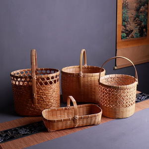 Handmade Bamboo Woven <b>Baskets</b> Round <b>Storage</b> Fruit <b>Basket</b> Kitchen Use Simple Style - Product Image 2