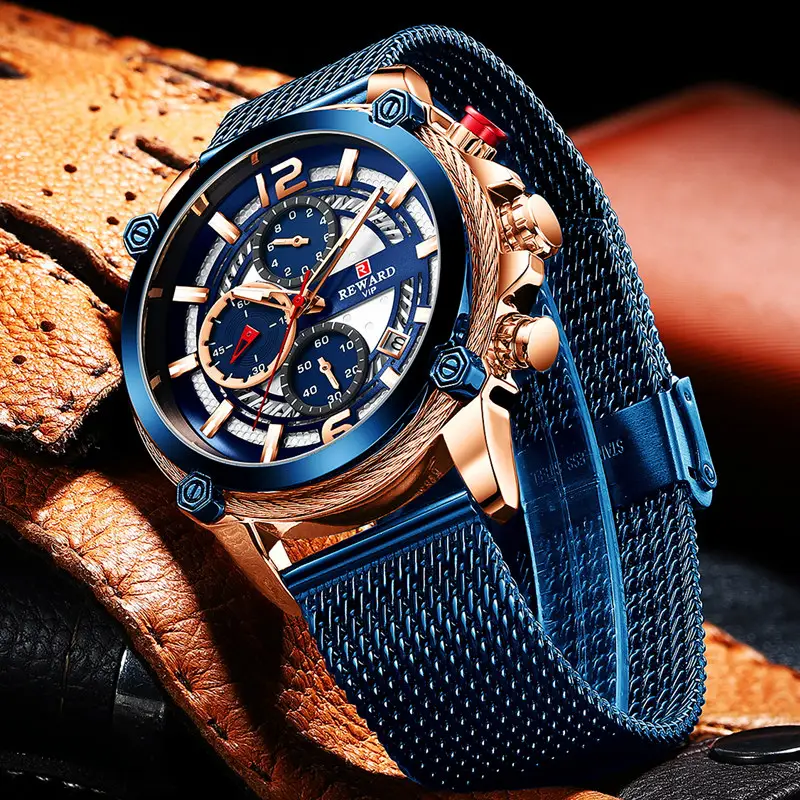 REWARD OEM Watch Mesh Luxury Alloy Men Day Date Chronograph Sports Watches 3ATM Waterproof Wristwatch