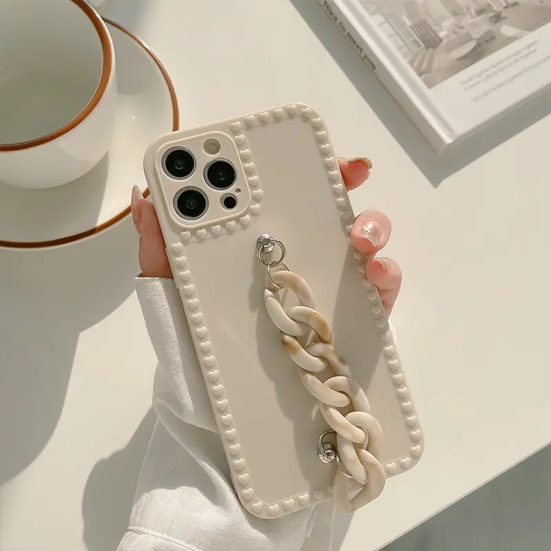 For iPhone 11 12 13 Pro max Milk White Cover With Acrylic Hand Chain Soft tpu Mobile Phone Case