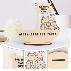 Nouveau porte-monnaie en bois naturel fait main en forme de bateau, motif animal mignon, idéal pour cadeaux de baptême ou de baby shower - Product Image 4