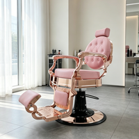 Fauteuil de barbier inclinable en cuir PU rose, mobilier de salon, cadre rose doré avec appui-tête et repose-pieds pour salon de coiffure