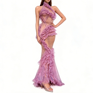 Vestido Largo de Noche para Mujer, Color Lila, con Volantes, Pedrería, Escote Halter, Malla Transparente y Espalda Descubierta, a la Moda - Product Image 1