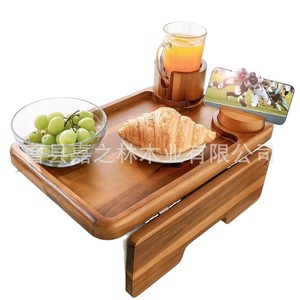 Plateau d'accoudoir de canapé avec support pour téléphone, plateau pliable mural en bois d'acacia, plateau à fruits en bois massif - Product Image 3