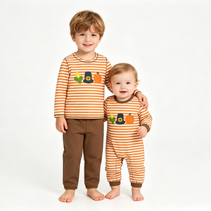 Conjuntos de Otoño Personalizados con Rayas de Calabaza para Niños Pequeños, Romper al por Mayor, Ropa de Alta Calidad para Hermanos, Fábrica de Ropa para Niños Pequeños - Product Image 1
