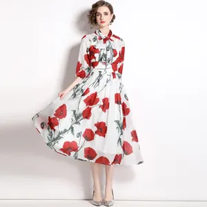 Women Fashion Runway 2023 Summer Sicilian Rose Chiffon Sailor Collar Dresses Midi Long Elegant Bow Flower Wisteria Print Dress