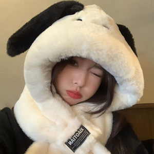Ensemble chapeau et écharpe en peluche à longues oreilles de chiot mignon, intégré, pour femmes, automne-hiver, amincissant le visage, chaud, 2 en 1, chapeau Lei Feng - Product Image 4