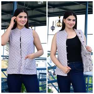 Chaleco beige estampado para mujer, chaqueta étnica sin mangas, top informal estilo indo-occidental, chaqueta corta tipo kurti. - Product Image 2