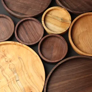 गोल लकड़ी की ट्रे विभिन्न आकार की लकड़ी की प्रजातियाँ मोमबत्ती धारक प्लेट आभूषण धारक वैलेट ट्रे लकड़ी का उपहार