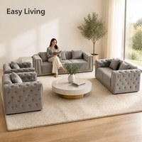 Ensemble de canapés Chesterfield gris velours moderne 3 pièces |   Canapé de salon avec garniture dorée et tufting diamanté |   Meubles rembourrés de luxe