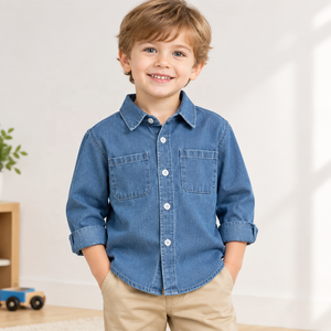 Camisa de Mezclilla Luri para Niños, Estilo Nuevo, 100% Algodón, Cuello Redondo, Manga Larga, Color Sólido, Ropa Casual para Niños - Product Image 3