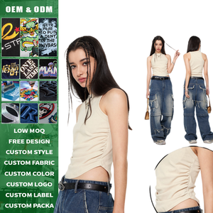 Haut court sans manches froncé pour femme, couleur unie, en tricot de coton et élasthanne, style streetwear, coupe ajustée, col rond, respirant, printemps-été - Product Image 2