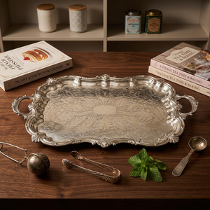 Plateau de service en argent plaqué, plateau en argent plaqué vintage, style victorien anglais, plateau de service festonné - Product Image 1