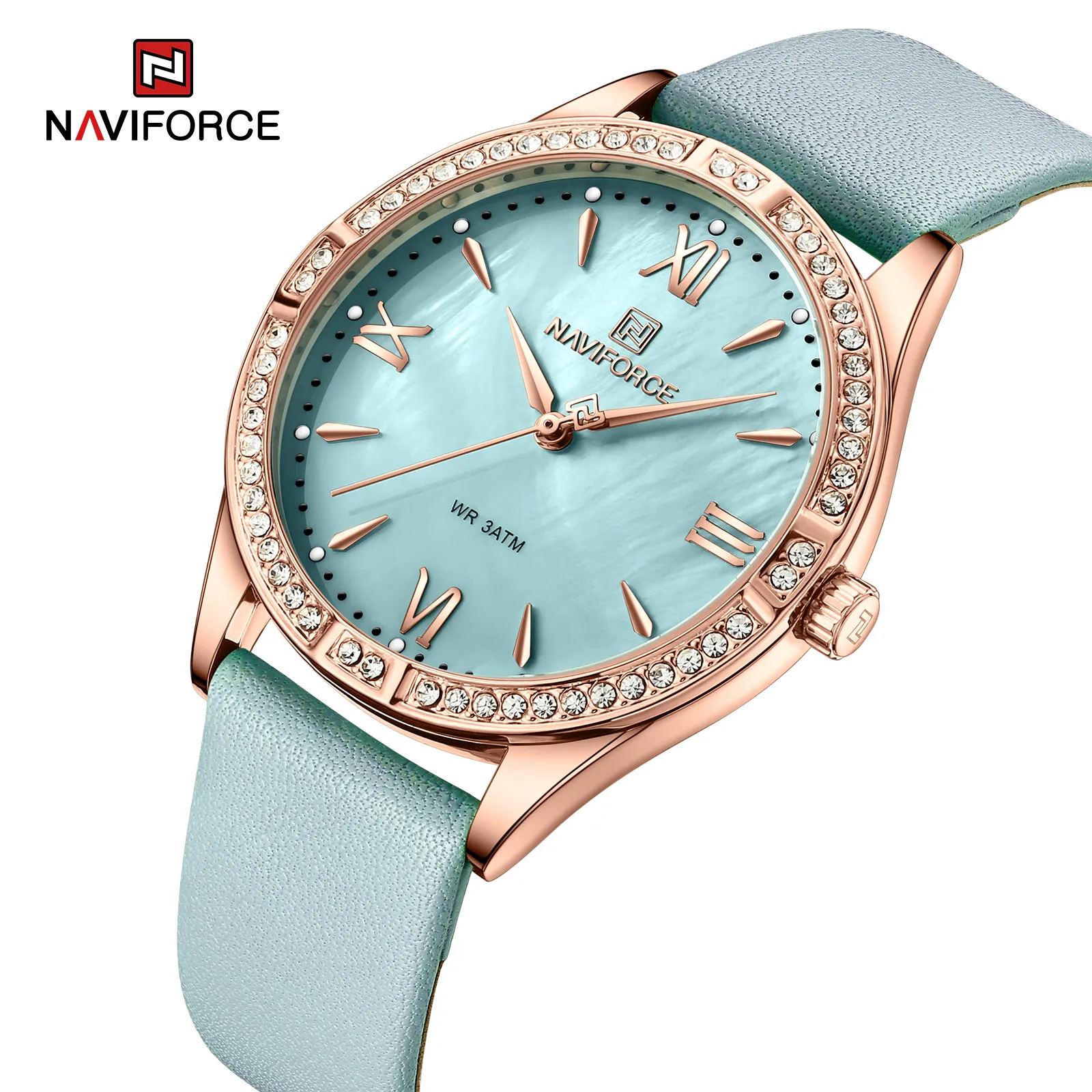 NAVIFORCE NF5038 clásico de lujo femenino luminoso diseño de diamante reloj de cuarzo Excel correa de cuero genuino relojes casuales vintage