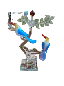 Handcrafted Art Deco Glass Bird Tree Sculpture with Blue Birds and Green <b>Leaves</b> Floor Vase for Living Room <b>Decor</b> - Product Image 1