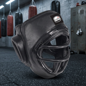 Protector de Cabeza de Boxeo de Cuero Vacuno Saibro, Equipo de Entrenamiento Protector, Cobertura Facial Completa, Negro - Product Image 3
