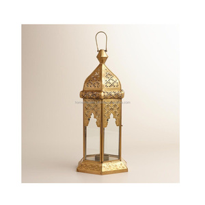 Ramadan โคมไฟโลหะหกเหลี่ยมชุบทองพร้อมโคมไฟเทียนแก้วลวดลายน้ำ - Product Image 6