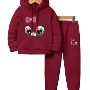 Ensemble survêtement décontracté pour filles, sweat à capuche et pantalon imprimé chat rose de dessin animé, tenue d'automne 100% coton, manches longues, taille élastique - Product Image 4
