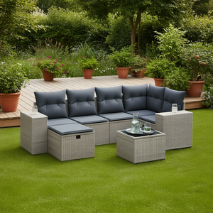 <b>Large</b> Grey Poly Rattan Garden Sofa Set Steel <b>Frame</b> 6 Seater Outdoor Furniture Contemporary Design Weather Resistant - Product Image 2