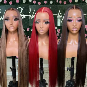 Glueless 99J Burgundy sorot merah warna lurus 13X4 13X6 penuh HD renda Frontal wig rambut manusia preplock dengan rambut bayi Virgin