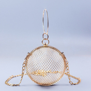 <span class=keywords><strong>Bolso</strong></span> de noche tipo jaula esférica de malla metálica plateada y dorada para mujer, con asa de anillo de diseñador, ideal para bodas y fiestas. - Product Image 1