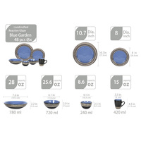 Service de table en grès de qualité supérieure de 48 pièces, bleu cobalt, noir mat avec bordure rayée gravée à la main, pour les grandes réunions familiales