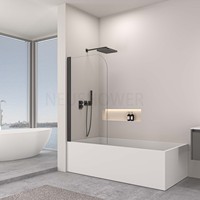 Paroi de douche pivotante sans cadre pour baignoire, profil mural noir mat, porte de douche en verre trempé