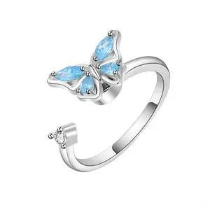 Anillo giratorio de Plata de Ley 925 con diamantes para mujer, anillo giratorio con diseño de girasol y mariposa, a la moda, precio de fábrica