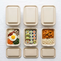 PFAS-vrije, 8,5 cm diepe, 1250 ml, biologisch afbreekbare, magnetronbestendige, stevige rechthoekige lunchbox van suikerrietbagasse met deksel voor maaltijdvoorbereiding