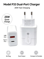 Adaptor Charger 25W Model P33 dengan Port Tipe-C dan USB untuk Ponsel