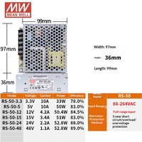 Fuente de Alimentación Conmutada Meanwell Serie RS de Taiwán, 15W 25W 35W 50W, 3.3V 5V 12V 15V 24V 48V 10A, Industrial