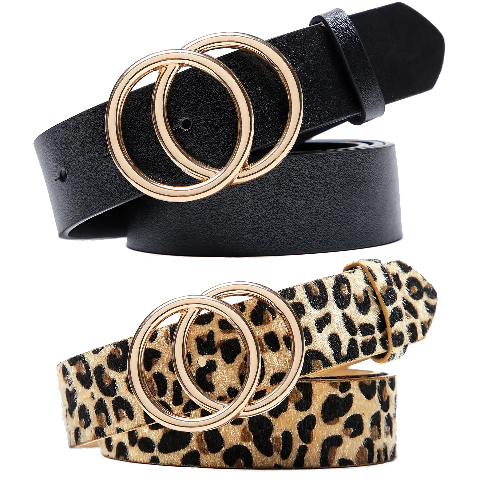 Hot sale Fashion Double O-Ring Gold Circle Buckle Trendy Ladies Snake Black Pu Fur snake skin belt for Women's Jeans Pants Dress