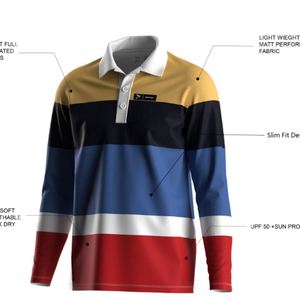 เสื้อโปโลชายแบบสวมใส่สบาย แห้งเร็ว ลายทาง แขนยาว สำหรับเล่นกอล์ฟหรือรักบี้ - Product Image 5