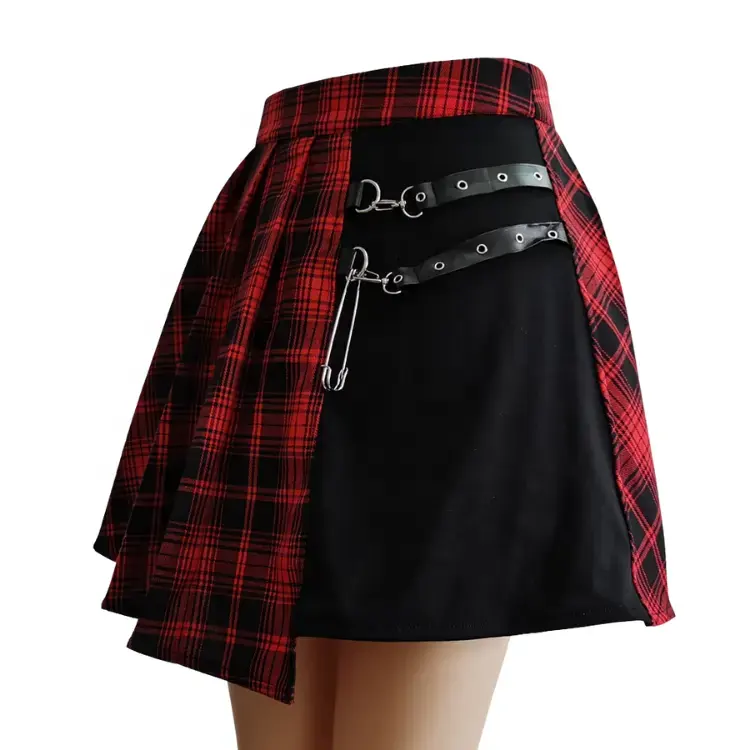 Falda Punk Rock a cuadros roja para mujer, minifalda plisada de verano con costura de cremallera y correa de cintura alta para mujer