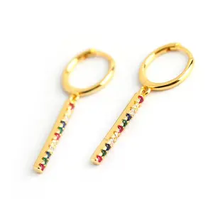 Top Seller Unique Colorful Paved Cubic Zircon Key Shape Sterling Silver Hoop Earrings For Girls