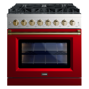 36 pouces 5,5 pi³ Cuisinière à gaz encastrable avec 6 brûleurs et four à convection en acier inoxydable, porte rouge et accents dorés - Product Image 1