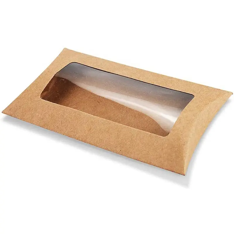 Personalizado kraft travesseiro caixa embalagem personalizado caixas papelão presente doces travesseiro caixa com janela transparente