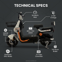 Scooter électrique longue portée 72V 20AH 75KM 1000W, E-Moped double passager, pneu sous vide 300-10, phare LED, vente en gros
