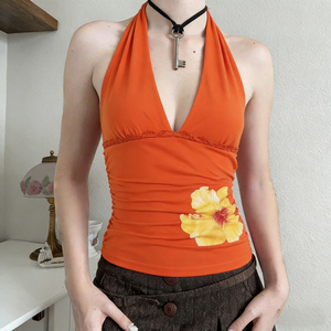 Y2K Orange Floral Halter Neck Top, Hibiscus Print Lace Insert Crop Top, Cute Summer Party Tank Top - Product Image 3