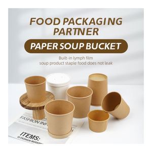 Cubo de Papel Kraft Desechable, Ecológico, Personalizado con Logotipo Impreso, para Sopa o Papilla, con Tapa de PP - Product Image 1