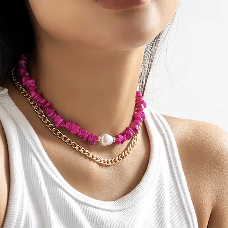 Фабричное винтажное Элегантное ожерелье-чокер с розовым камнем и жемчугом ожерелье для женщин очаровательные двухслойные ожерелья