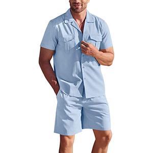 Set da <span class=keywords><strong>uomo</strong></span> in <span class=keywords><strong>lino</strong></span> a 2 pezzi camicia con bottone a maniche corte e pantaloncini estivi abiti da <span class=keywords><strong>spiaggia</strong></span> Casual - Product Image 2