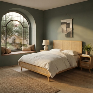 Ensemble de lit plateforme en bois massif avec tête de lit en rotin moderne, lit king-size, ensemble de meubles de chambre en bois - Product Image 4